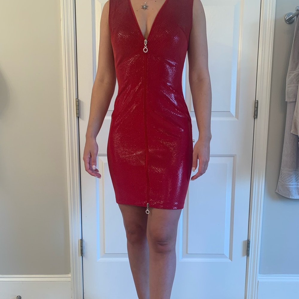 Red snake skin glossy dress
